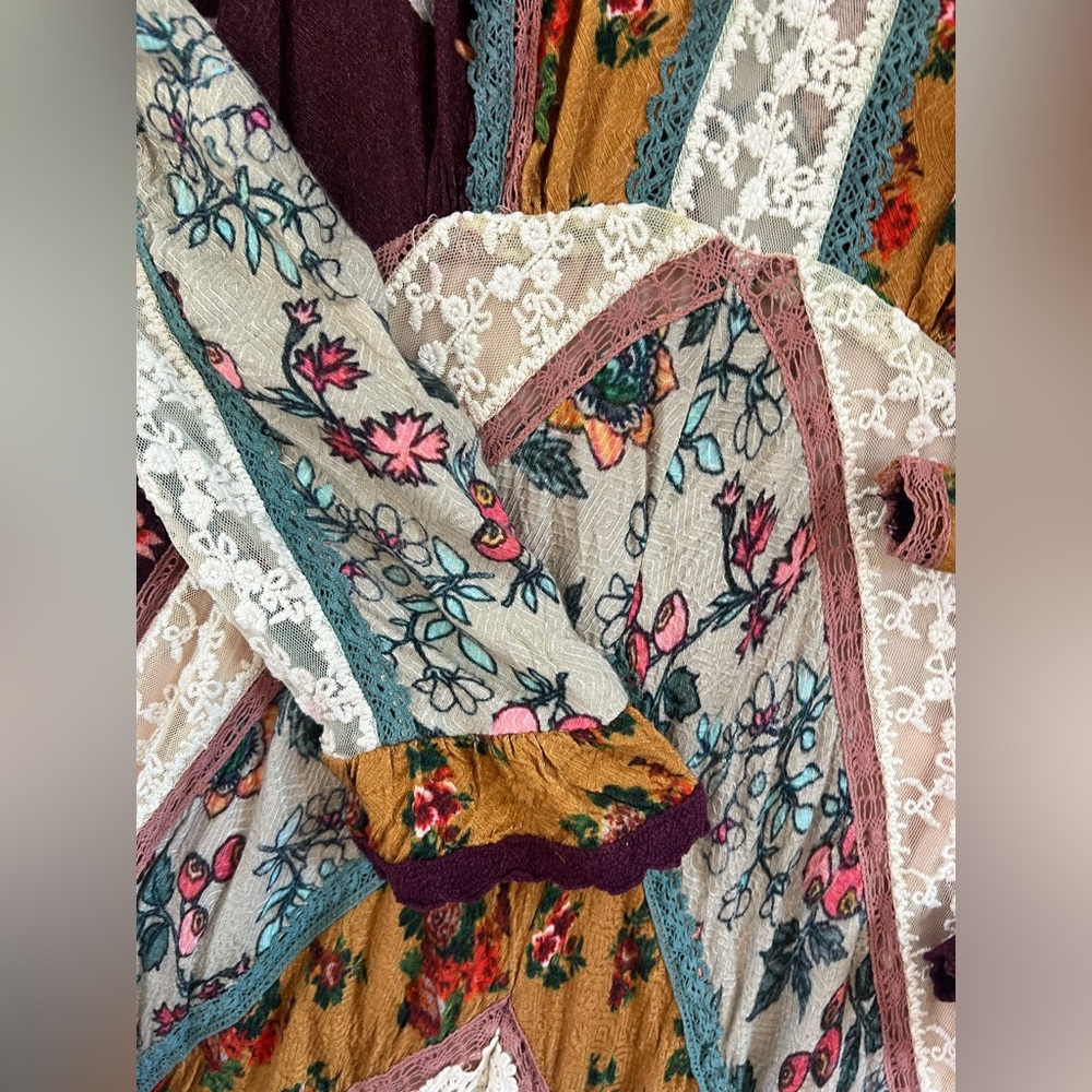 Free People Multicolor patches lace detailed Long Sleeve mesh back Dress, sz 10 - Picture 4 of 7